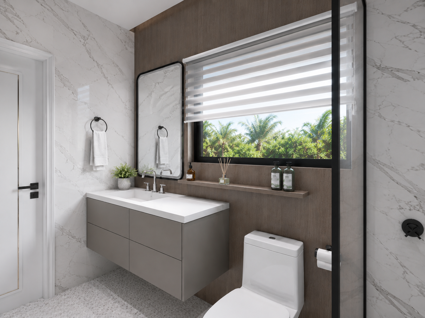 The Summit penthouse bathroom sink and toilet, daytime